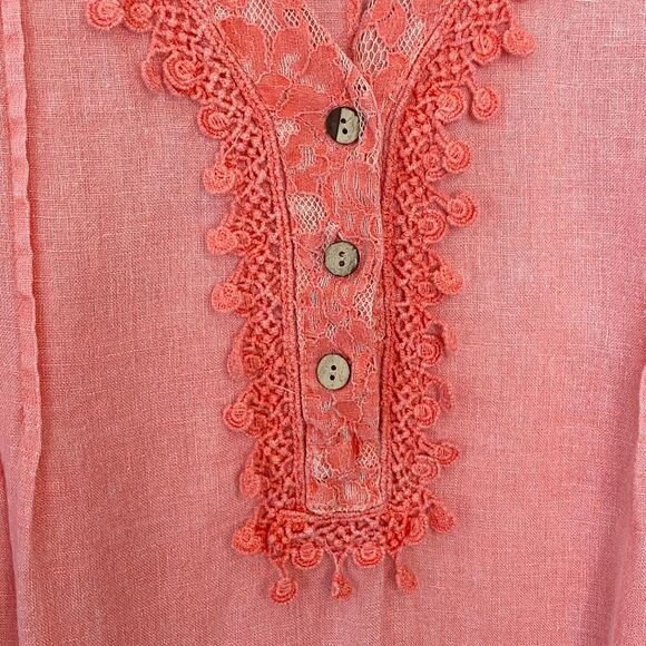 Alessia Pacini Linen Tunic Dress Womens 1X Salmon Pink Lace Pintuck Front Shift - Picture 3 of 10